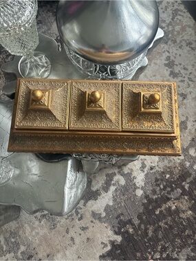 Gold Decorative Triple compartment, vintage Bombay velvet lined jewellery keeper
